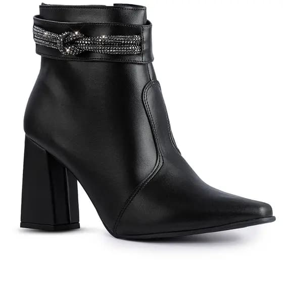 Bota Feminina Lumiss Strass Salto Alto Grosso Bico Fino Confortável Cano Curto