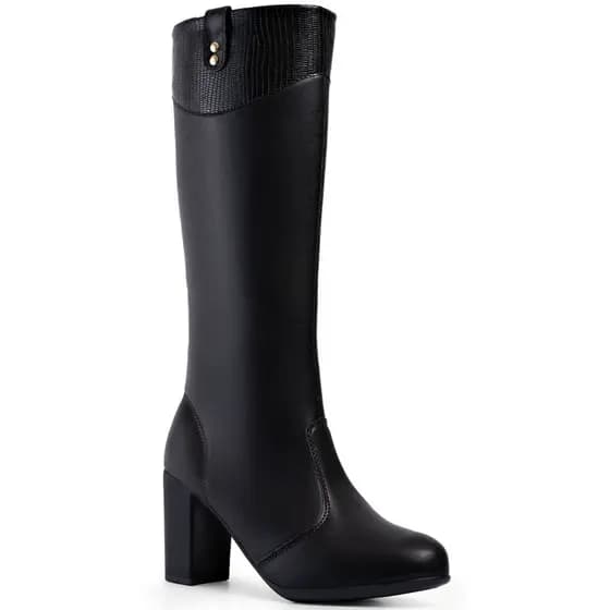 Bota Feminina Lumiss Cano Longo Salto Bloco Alto Confortável Zíper Macia Blogueira