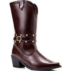 Bota Feminina Lumiss Country Western Cano Médio Salto Baixo Bico Fino Tachas Fivela