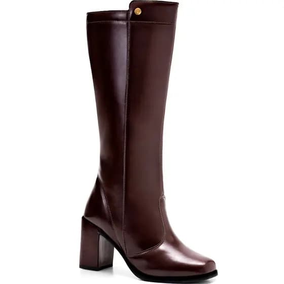 Bota Feminina Lumiss Cano Alto Salto Alto Bloco Bico Quadrado Confortável