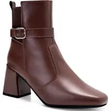 Bota Feminina Lumiss Cano Baixo Salto Alto Bloco Elástico Fivela Bico Quadrado Confortável