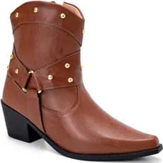 Bota Feminina Lumiss Country Western Salto Baixo Bico Fino Cano Baixo Tachas Douradas