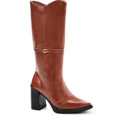 Bota Feminina Lumiss Cano Alto Salto Alto Bloco Bico Fino Enfeite Dourado