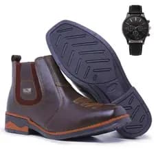 Bota Botina Masculina Texas Texana Country bordada em Couro legitimo solado Costurado Com Relógio