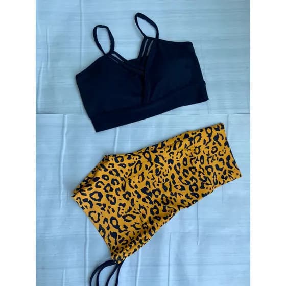 Conjunto onça mostarda com preto Top ou Short Avulso poliamida fitness ( Peças vendidas separadamente)