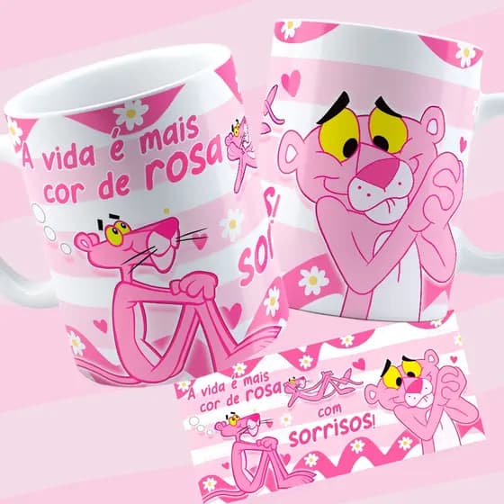 Caneca Pantera Cor de Rosa Porcelana A vida e mais cor de rosa com sorrisos