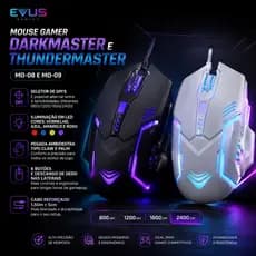 Mouse Gamer Branco Com LED 6 Botoes Botão Lateral 2400DPI Pegada Ambidestro  CLAW e PALM ThunderMast