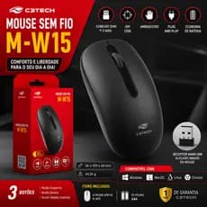 Mouse Sem Fio C3Tech M-W15BK Nano USB 2.4GHz 1200 DPI Ambidestro Com Pilhas AAA Preto Até 10 metros