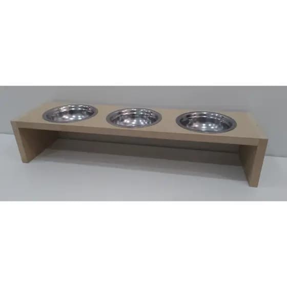 Comedouro 3 potes em MDF cru para gatos e tigelas em aluminio
