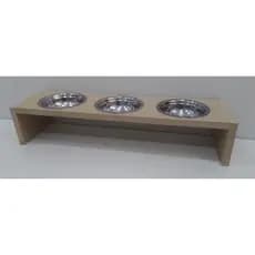 Comedouro 3 potes em MDF cru para gatos e tigelas em aluminio