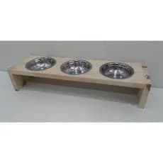 Comedouro triplo para cães e gatos em madeira tipo Pinus com potes em aluminio