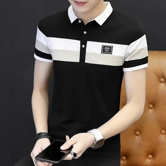 [liu][Puro algodão] t-shirt de manga curta masculina de verão versão coreana de lapela elegante camisa pólo masculina b