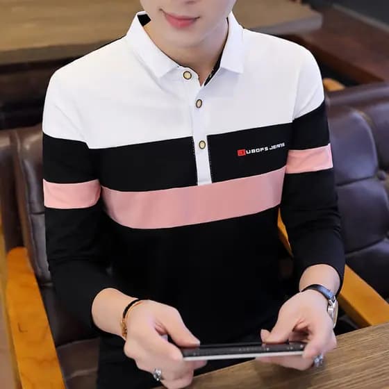 [liu]T-shirt de manga comprida masculina de algodão puro outono Camisa pólo coreana Slim lapela Camisa de fundo de tend