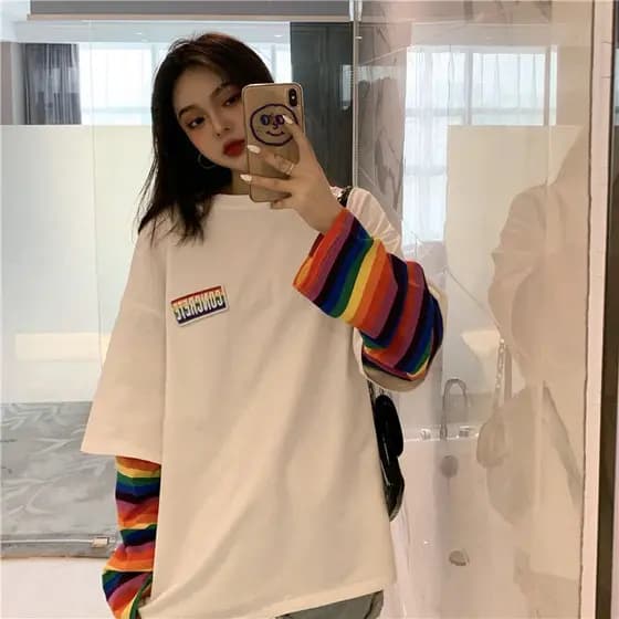 (Liu) Como Roupas De Outono Euam Listras Do Arco- Ris, Camisetas Famosas De Manga Comprida De Duas Pe Como, Camiseta Feminina