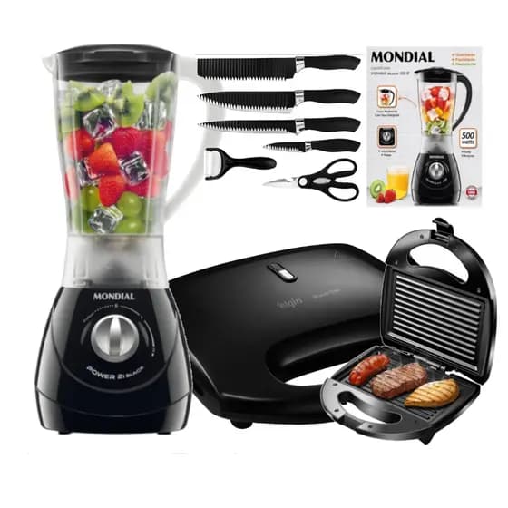 Kit Liquidificador Mondial Turbo + Sanduicheira Grill Preta 750W