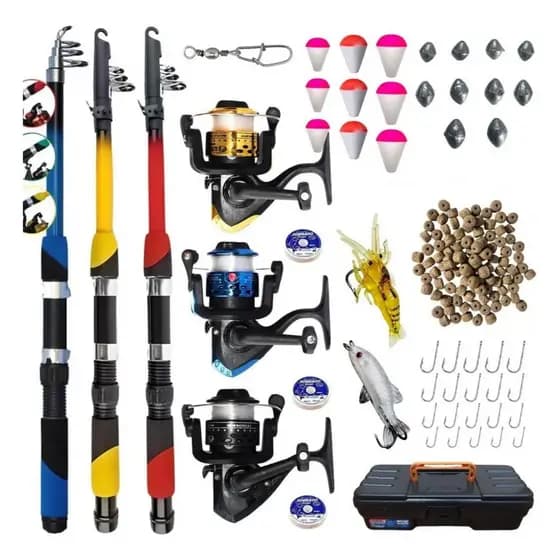 Kit Pesca Completo 3 Varas Telescópica + 3 Molinetes + Iscas