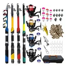 Kit Pesca Completo 4 Varas Telescópica + 4 Molinetes + Iscas