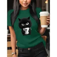 Camiseta Casual de Manga Curta com Gato Gráfico e Gola Redonda