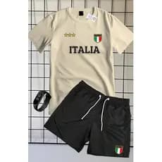 CONJUNTO DE CAMISETA CAMISA 100% ALGODÃO MANGA CURTA Shorts TACTEL ESTAMPA ITALIA + RELOGIO DE BRINDE