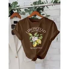 Camiseta Casual Feminina de Verão com Manga Curta, Gola Redonda e Estampa de Frutas e Letras