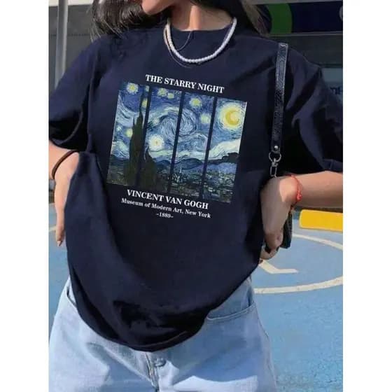 Camisa feminina van Gogh máximo conforto casual modelo 100% algodão manga curta e gola redonda