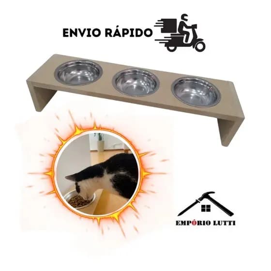Comedouro triplo feito em mdf cru de 15mm potes em alumínio