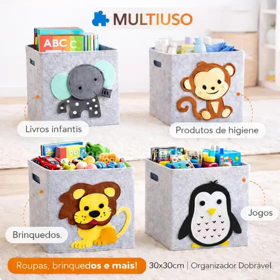 Caixa Organizadora Dobrável Feltro 35x35 | Cesto para Brinquedos Infantil Estampa Animais Linda Top
