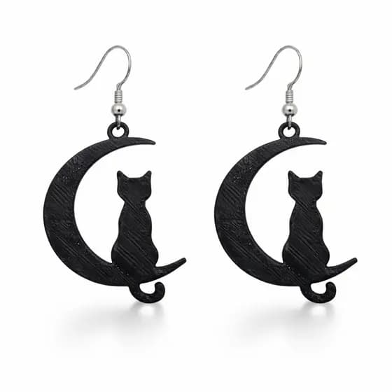 Brinco Preto Gato na Lua Acessório Criativo Leve Estilo Místico Charmoso Moda alterativa Aesthetic Cod 00042