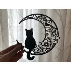 Enfeite Decorativo Gato na Lua com Flores – Silhueta Preta em Acrílico / Arte 3D Moderna Cod 00031