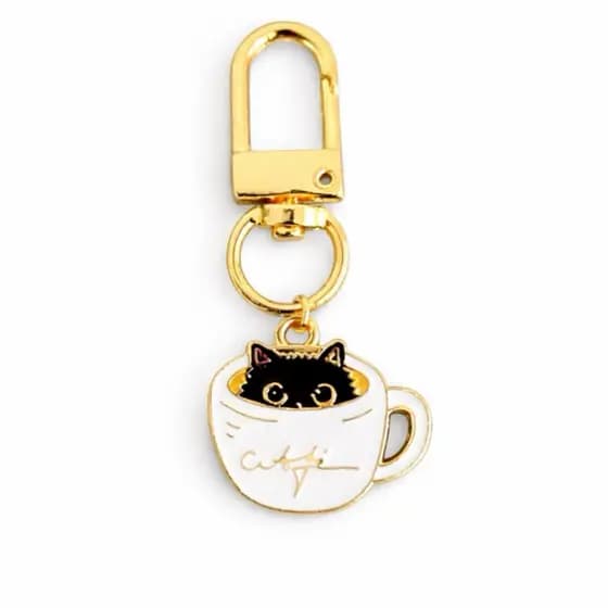 Chaveiro Gatinho Gato Pet Xicara Café Metal Fofo Delicado Acessório para Bolsa Carteira