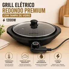 Grill Elétrico Redondo Premium Termostato 1200W Grelhado Rápido Saudável Churrasqueira Panela