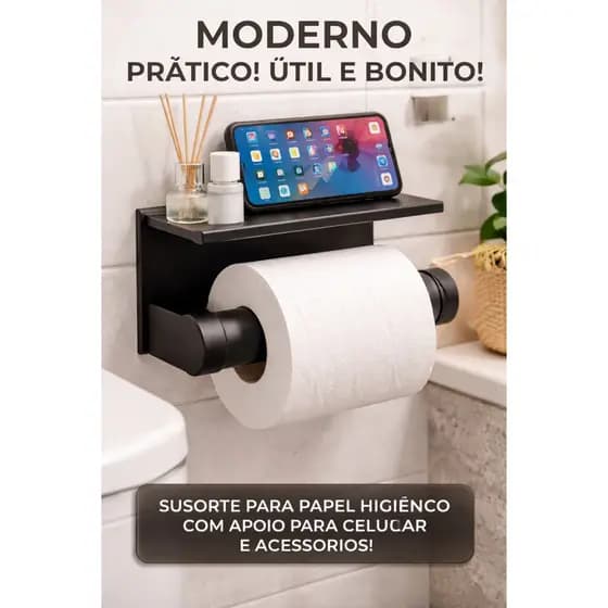 Suporte Papel Higiênico com Porta Celular Organize Seu Banheiro Moderno e Prático Branco | Preto | Cinza
