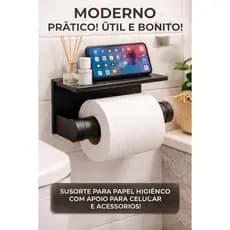 Suporte Papel Higiênico com Porta Celular Organize Seu Banheiro Moderno e Prático Branco | Preto | Cinza