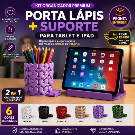 Porta Lápis Coração Com Suporte Para Tablet iPad Organizador Mesa Escritório Home Office