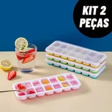 Kit Forma de Gelo Silicone Tampa Rígida Flexível Fundo 14 Cubos Retangular Multiuso Lavável