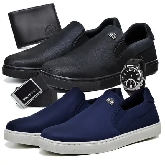 Kit 2 Tênis Masculino Mocassim SlipOn Sapatênis Casual Básico PoloFran Carteira Cinto e Relógio Bali