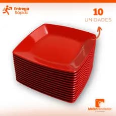 Kit 10 Pratos Quadrado Vermelho Grande de Plástico Refeição Restaurante Bar Festas