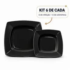 Kit 12 Pratos Quadrados Pretos 6 Refeição + 6 Sobremesa de Plástico para Festas