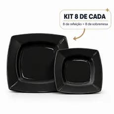 Kit 16 Pratos 8 Pratos Quadrados Refeição 8 Pratos Quadrados para Sobremesa Preto Plásticos Festas