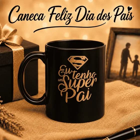 Kit Canecas de Plástico "Eu Tenho Um Super Pai" Dia dos Pais, Preta