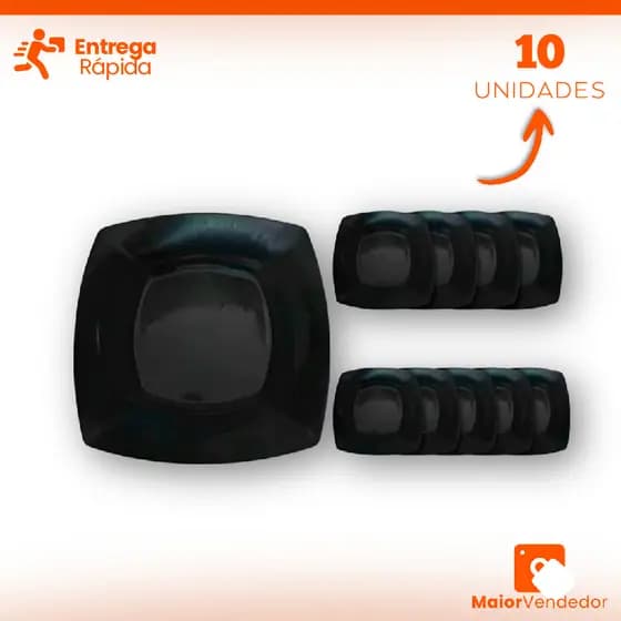 Kit 10 Pratos Quadrado Sobremesa Pretos Plástico Festas Eventos Aniversário