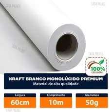 Papel Kraft Branco 50g Com 60cm De Largura X 10 Metros