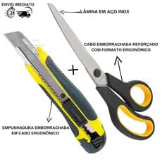KIT 1 ESTILETE + 1 TESOURA DE AÇO INOX 25CM REFORÇADO PROFISSIONAL -ALTA DURABILIDADE