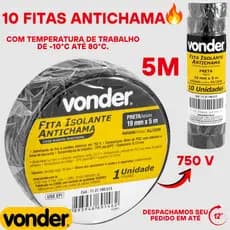 Oferta de 1 até 10 Fita Isolante Antichamas Resistente 19mmx5M Vonder Preta Pronta Entrega Envio Rápido