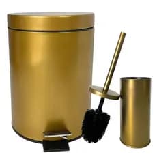 Kit Lixeira Inox 5l Dourada Ouro + Escova Sanitária Suporte Dourada Vassourinha p/ Vaso Casa Golden