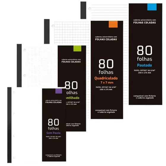 Refil Caderno Fichário Miolo Bloco 80 ou 50 Folhas Coladas 4 ou 11 Furos P/ Caderno de Discos
