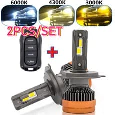 2 Pçs 1600W Tri-Color LED Faróis H4 H7 Com Controle Remoto Piscando Lente Do Projetor Duplo Ventilador De Refrigeração