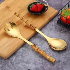 Conjunto De Talheres De Bambu Real Colher De Salada De Aço Inoxidável E Spork