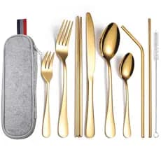9 Pçs/Set Ouro Talheres Restaurante Viagem De Metal De Aço Inoxidável Portátil Flatware Colher De Palha E Garfo Conjunto Em Um Caso