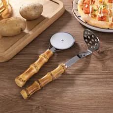 KATELV Cortador De Pizza Com Cabo De Bambu Real Em Aço Inoxidável Roda Moedor De Batata Bakeware